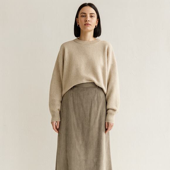 Nordstrom Corduroy Maxi Skirt Size L Tan Back Slit Neutral Grandma Lagenlook - Picture 8 of 14